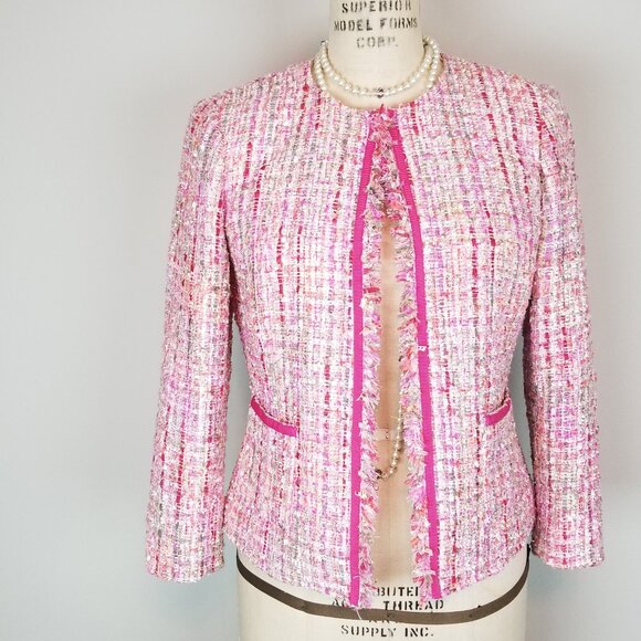 Tahari Arthur Levine Pink Tweed Boucle Sparkle Jacket Ladies Size 2 Petite - Picture 1 of 10